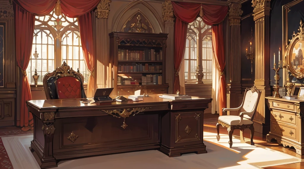 (best quality,masterpiece:1.2,detailed details,4k),Middle Ages, a gorgeous mafia boss's office,,Interior, victorian Manor with reliquies, (((Nigth))), (((moonligth enters the living room))) soft pale orange palette, soft secundary exterior ligth,Looking up