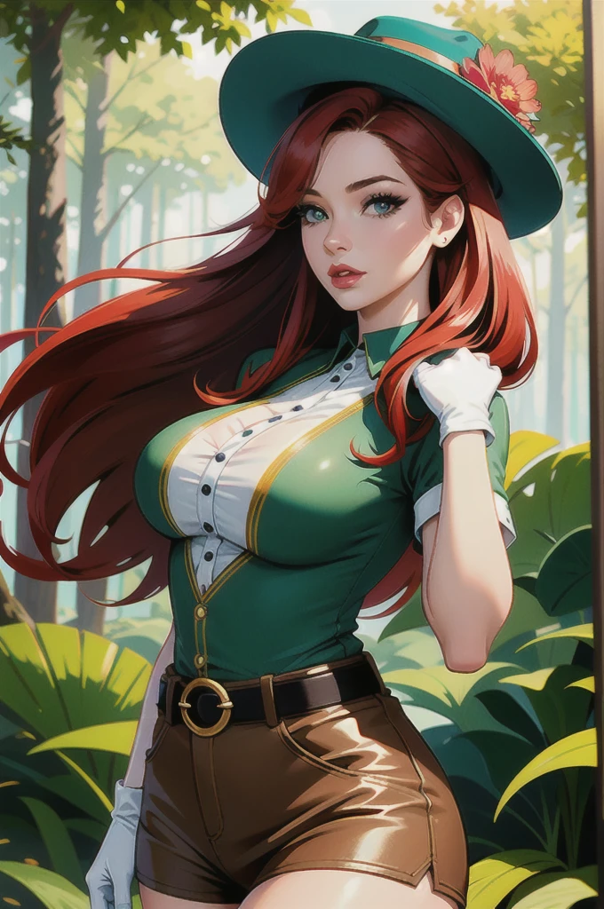 ((best quality)), ((masterpiece)), (intricate details, hyperdetailed:1.15), 35mm, bokeh, (perfect face, highest detailed face), (cowboy shot, mid-angle shot), fashion photography of jessicaranger, 1girl, (red hair:1.3), long hair, hair over one eye, green eyes, lipstick, makeup, hat, green shirt, short sleeves, shorts, belt, white gloves, ranger uniform, lips, large breasts, beautiful,, mascara, lip gloss, perfect eyes, long eyelashes, long hair, looking at viewer, 8k, shiny, glow, (bloom), beautiful girl, photoshoot, in national park, forest setting,