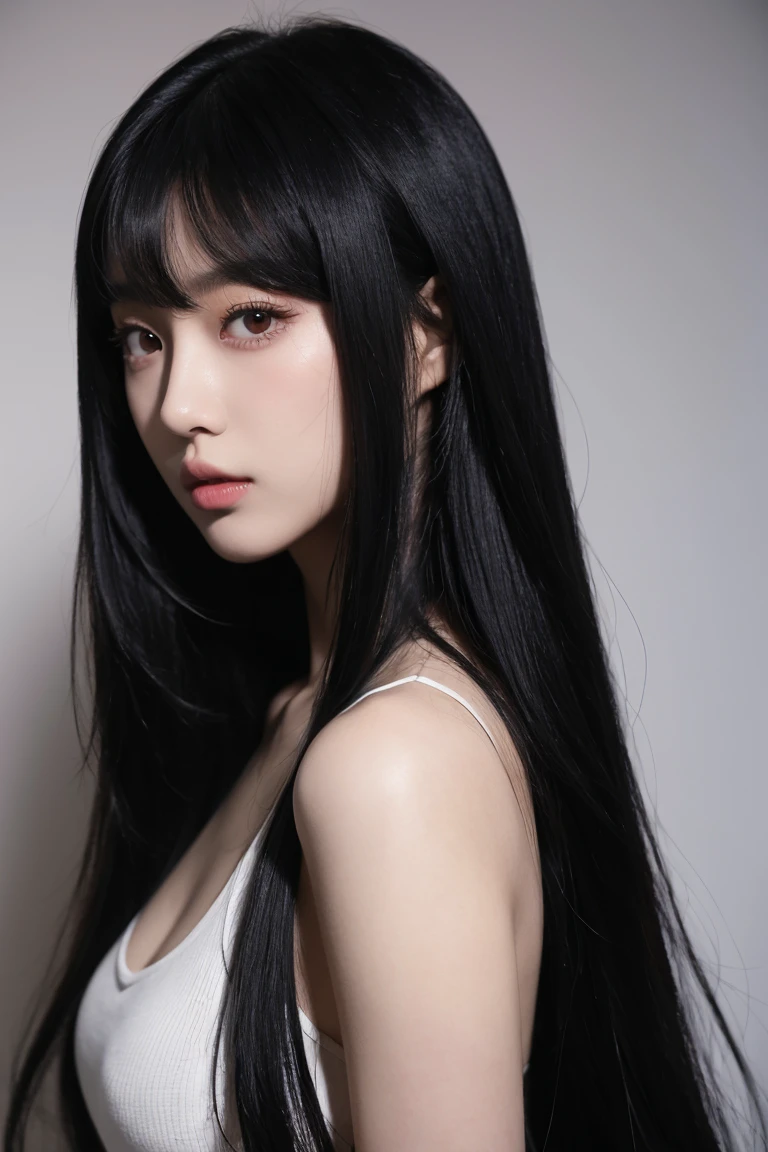 A man in a black shirt、Close-up of lady with long black hair, Ulzan, Korean Girl, She has black hair,With bangs, 2 4-year-old female model, Beautiful young Korean woman, Photos of slim girls, Beautiful Korean woman, Jisoo from Blackpink, cruel korean goth girl, Long hair, black hime cut hair, Instagram Models