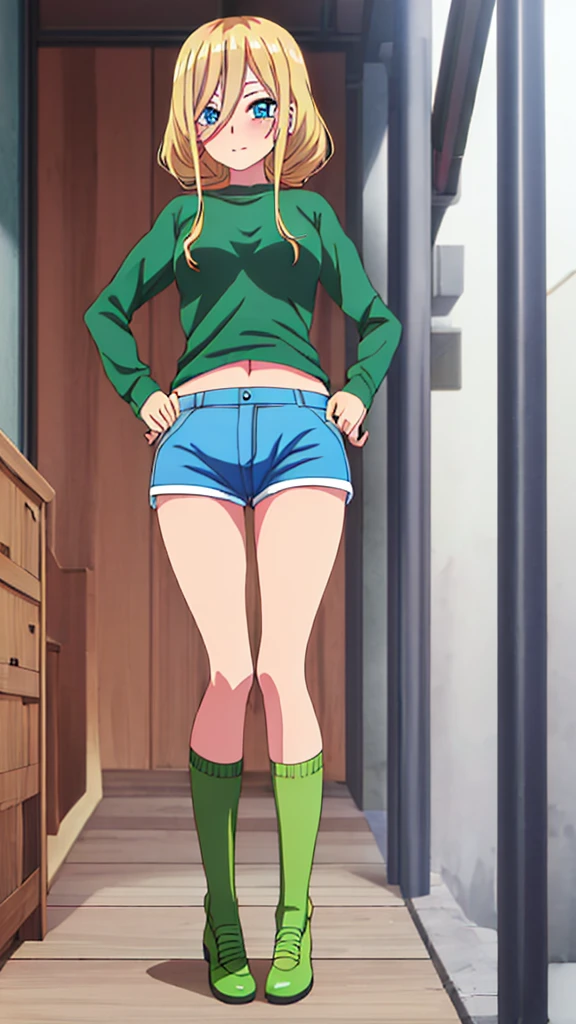 You can make a cute anime character with blonde hair and a green top and blue shorts and eyelashes 