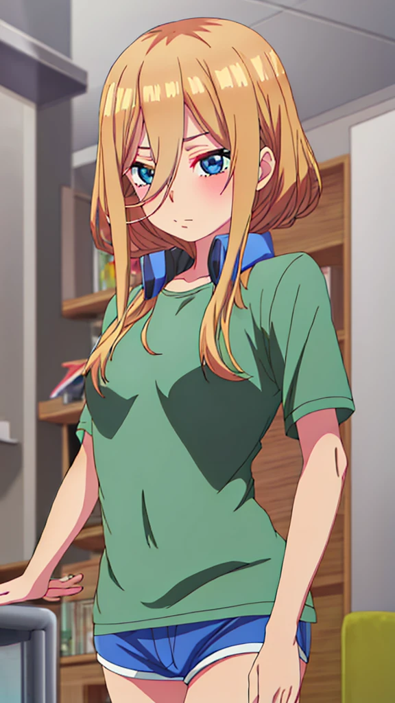 You can make a cute anime character with blonde hair and a green top and blue shorts and eyelashes