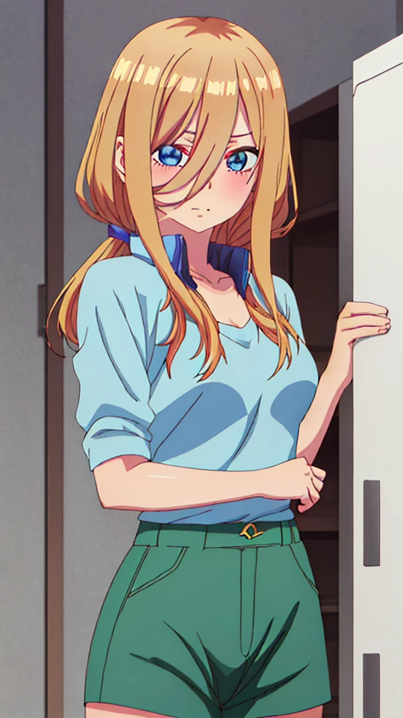 You can make a cute anime character with blonde hair and a green top and blue shorts and eyelashes 