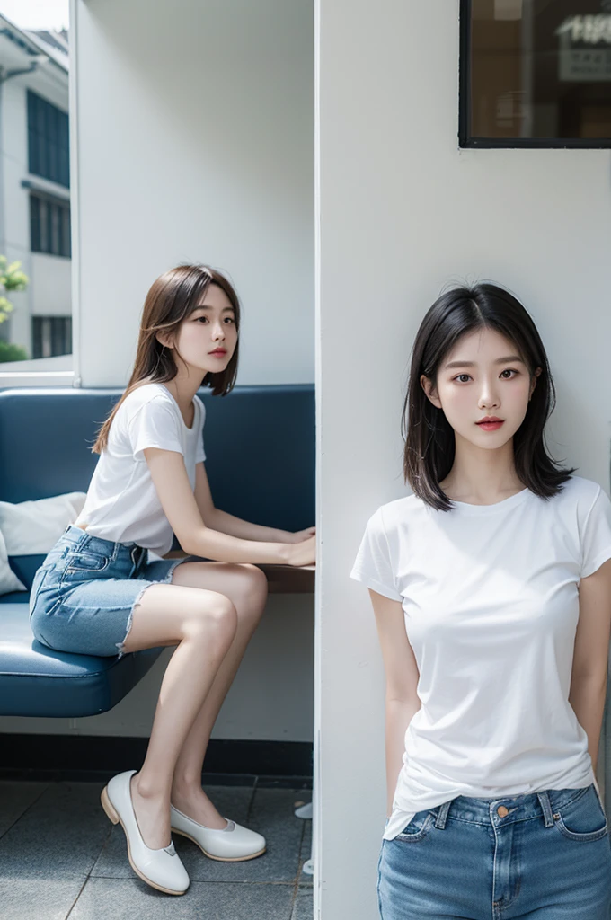 Beauty、cute、reality、good body shape、Usually exercise、Not revealingly dressed、Wear flat shoes、White T-shirt、fitted blue jeans、People from Taipei, Taiwan、Pure and elegant without being coquettish、White Moonlight、intimate、Kind、cafes