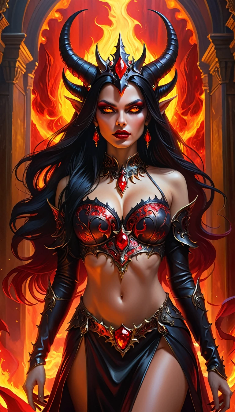 Arafed a picture of the queen of demons, in the halls of hell, a demons queen magnificent and full of awe, black hair, long hair, flowing hair, bold intense eyes, extremely exquisite beautiful queen, perfect body, (anatomically correct: 1.3), ultra feminine, ultra detailed face, black lips, fiery glowing eyes, (demonic horns from head: 1.1) , (red skin: 1.1), dynamic angle, there is (golden crown on her head: 1.1) , studded with diamonds and rubies, the hall of the queen of hell background, (masterpiece: 1.4) intense details, highly detailed, photorealistic, best quality, highres,16k, [ultra detailed], masterpiece, best quality, (extremely detailed), close up, ultra wide shot, photorealistic, RAW, fantasy art, dnd art, fantasy art, realistic art,((best quality)), ((masterpiece)), (detailed: 1.5), 