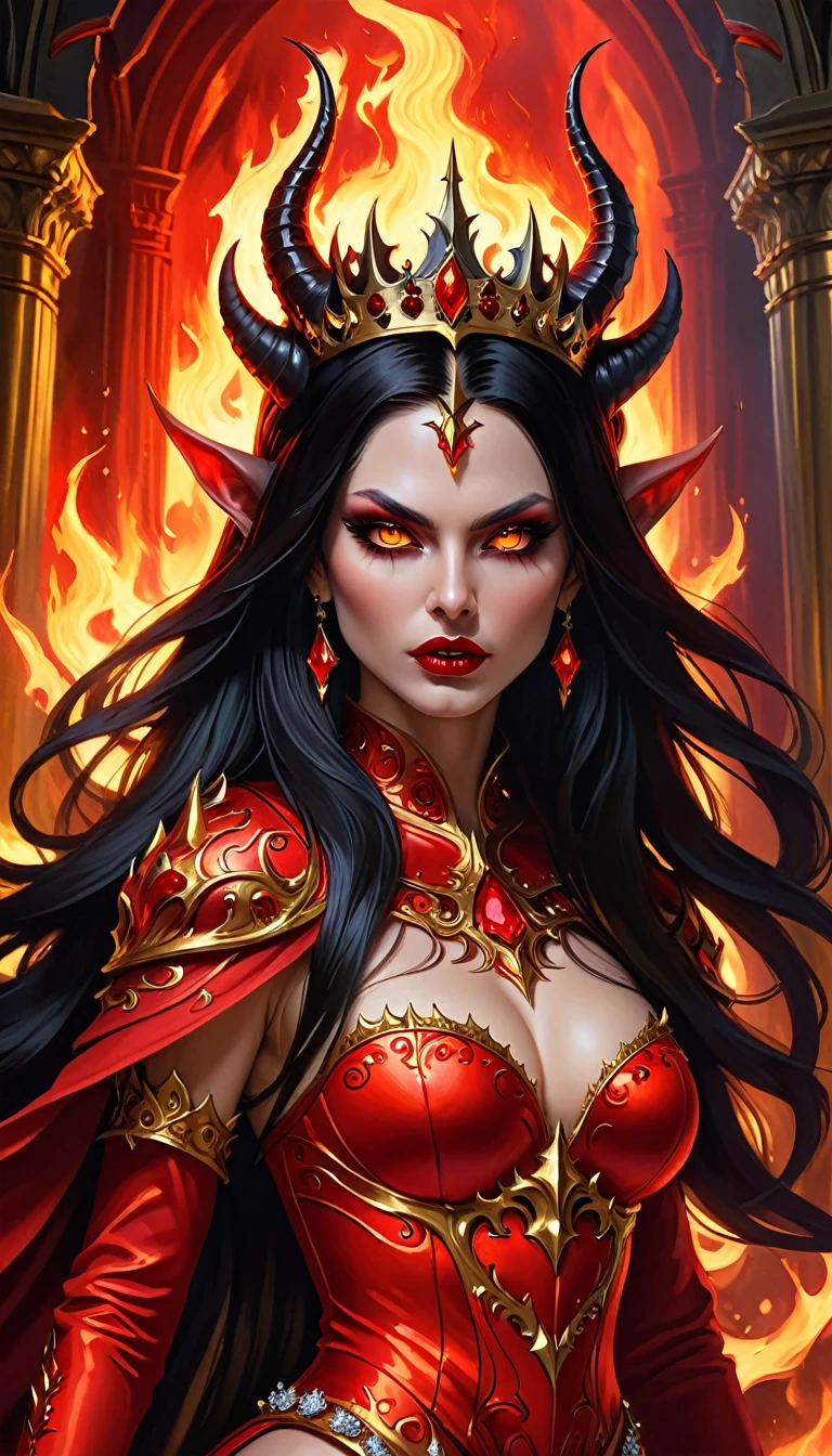 Movie CG, Tiflin, devils,disheed hair,Shogun,Peerless beauty,s girl,(Lord of Hell),Demon King,Pitch-black wings,Fallen angels,Tattooed with,the scars,Blood-red heavy armor,blood splattere,It has gold etching on it, (paleskin), blood spatter, horns on head,succubi, Cruel laughter,(Burning red eyes), , Red-blooded pentagram, Glowing Grimmore closes, summoning circle, Rusty chains, The illuminated temple of Satan, Lens flare, Axis, intricately details, Highly detailed, voluminetric lighting, 4K rendering, stockphoto, Ultra photo realsisim, Lifelike texture, Dramatic lighting, illusory engine