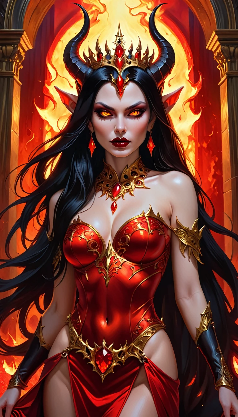 Arafed a picture of the queen of demons, in the halls of hell, a demons queen magnificent and full of awe, black hair, long hair, flowing hair, bold intense eyes, extremely exquisite beautiful queen, perfect body, (anatomically correct: 1.3), ultra feminine, ultra detailed face, black lips, fiery glowing eyes, (demonic horns from head: 1.1) , (red skin: 1.1), dynamic angle, there is (golden crown on her head: 1.1) , studded with diamonds and rubies, the hall of the queen of hell background, (masterpiece: 1.4) intense details, highly detailed, photorealistic, best quality, highres,16k, [ultra detailed], masterpiece, best quality, (extremely detailed), close up, ultra wide shot, photorealistic, RAW, fantasy art, dnd art, fantasy art, realistic art,((best quality)), ((masterpiece)), (detailed: 1.5), 