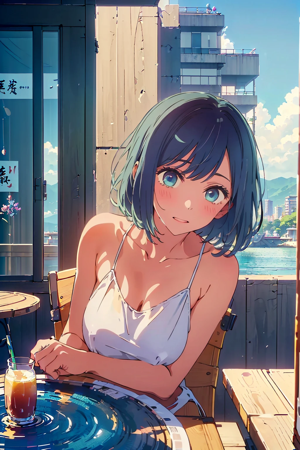 (Highest quality:1.4、masterpiece:1.4、Super detailed:1.4、Ultra-high resolution:1.4、8K:1.4)、F cup bust、Big Breasts、Slim body、((((1 person、Surprised expression、sit、Chair、In the background are the urban buildings of Tokyo、looking at the camera、Outdoor café terrace、coastal、juice、Shooting up close、Shooting from an angle、table、Very cute face))))、(Pose with hands tucked behind ears:1.4、Cheek resting on hand:1.4)、((nude、very beautiful areola、camisole、Sideboob))、Nipples、Very blue sky、A completely cloudless sky