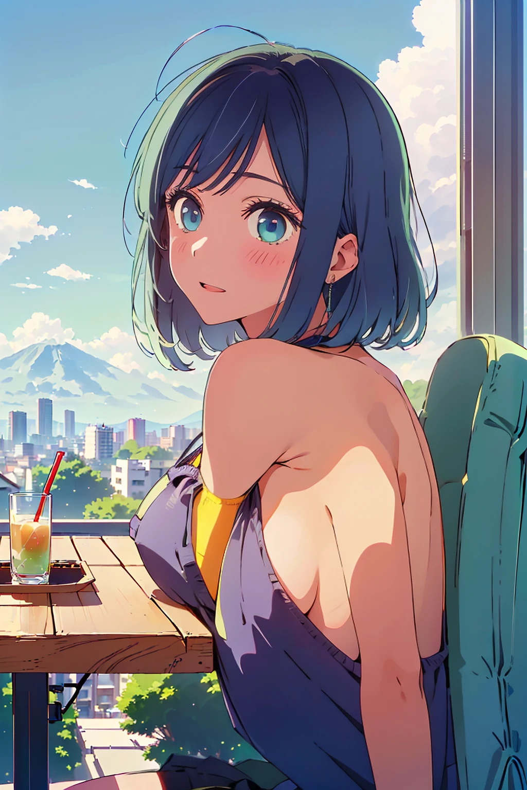 (Highest quality:1.4、masterpiece:1.4、Super detailed:1.4、Ultra-high resolution:1.4、8K:1.4)、F cup bust、Big Breasts、Slim body、((((1 person、Surprised expression、sit、Chair、In the background are the urban buildings of Tokyo、looking at the camera、Outdoor café terrace、coastal、juice、Shooting up close、Shooting from an angle、table、Very cute face))))、(Pose with hands tucked behind ears:1.4、Cheek resting on hand:1.4)、((nude、very beautiful areola、camisole、Sideboob))、Nipples、Very blue sky、A completely cloudless sky