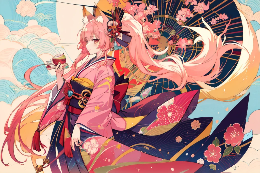 scg, 1girl, (anime:1.3), absurdly long hair, fox ears, fox tail, facepaint, makeup, yellowfox
kimono, japanese clothes, pink kimono
(best quality:1.05), (masterpiece:1.1025), (highres:1.05), (an extremely delicate and beautiful:1.05), original, extremely detailed wallpaper,1girl