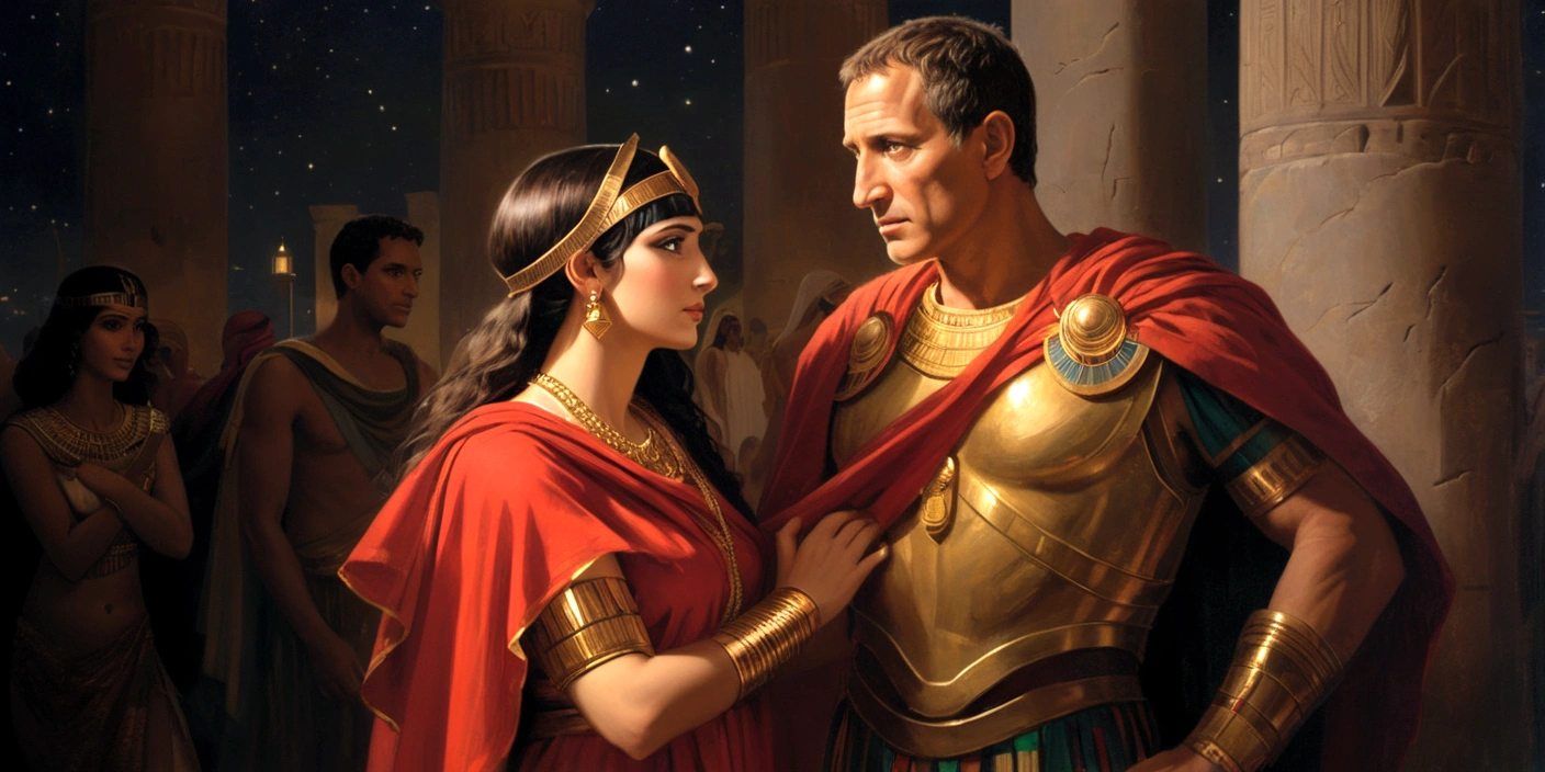 A stunning painting captures Alexandria&#39;s golden dawn. Julius Caesar and Cleopatra walk hand in hand, immersed in a backdrop of grand architecture and vibrant markets. Julius Caesar wears his Roman toga and a red cape, while Cleopatra displays an Egyptian dress adorned with gold and jewels. Their looks exchange eternal promises. The Nile reflects the soft light, while the breeze carries the scent of exotic flowers. Between majestic columns and under the starry sky, Your steps align in a rhythm that only love knows, immortalizing their romance in history through the artist&#39;s brushstrokes.