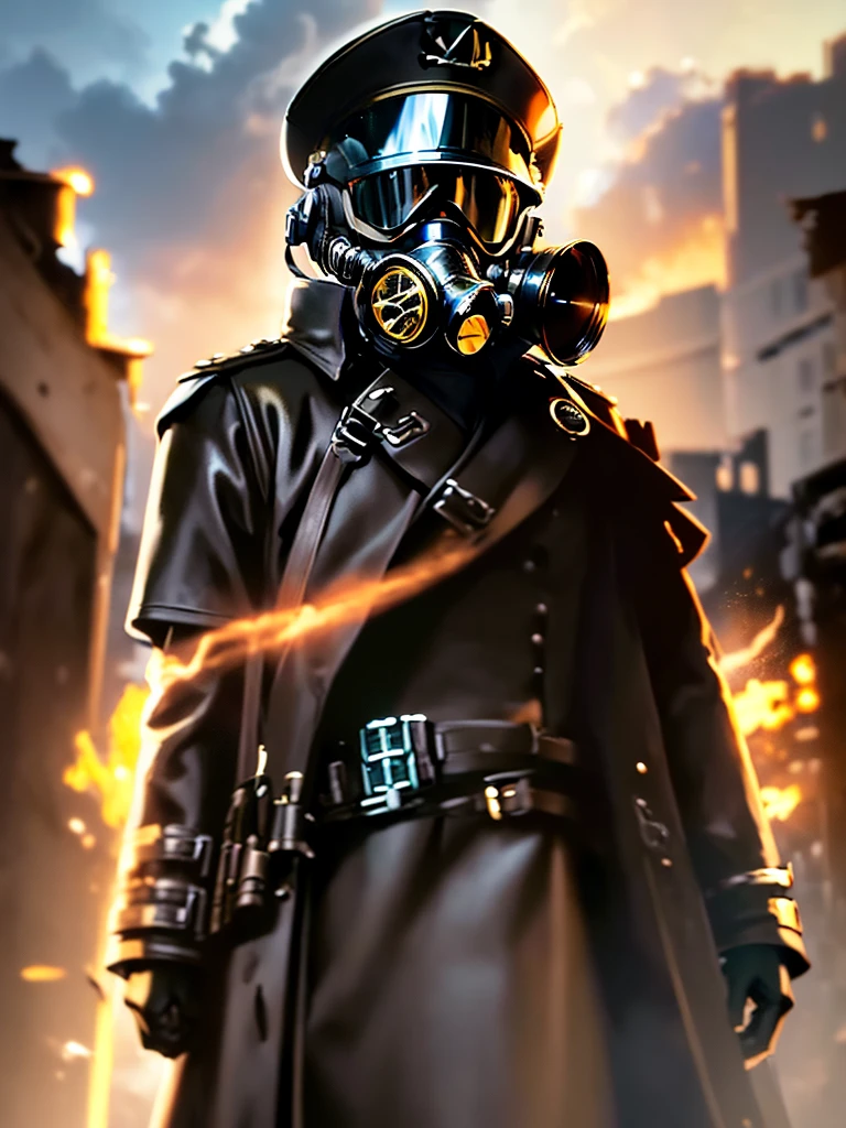 Steampunk surviving man with torn clothing, gas mask, uses rifle, steampunk monument, realistic, stylish, rutkowski, hdr, intricate details, hyperdetailed, cinematic, rim light, atmosphere danger, night, red light, destroyed street, 4k, fire, nuclear bomb, apocalyptic post