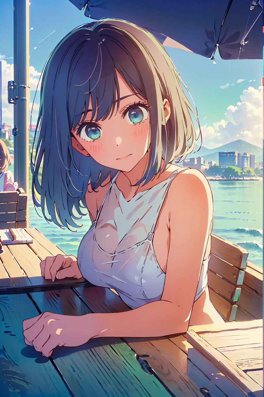 (Highest quality:1.4、masterpiece:1.4、Super detailed:1.4、Ultra-high resolution:1.4、8K:1.4)、F cup bust、Big Breasts、Slim body、((((1 person、Surprised expression、sit、Chair、In the background are the urban buildings of Tokyo、looking at the camera、Outdoor café terrace、coastal、juice、Shooting up close、Shooting from an angle、table、Very cute face))))、(Pose with hands tucked behind ears:1.4、Cheek resting on hand:1.4)、((nude、very beautiful areola))、camisole、Sideboob、Nipples、Very blue sky、A completely cloudless sky