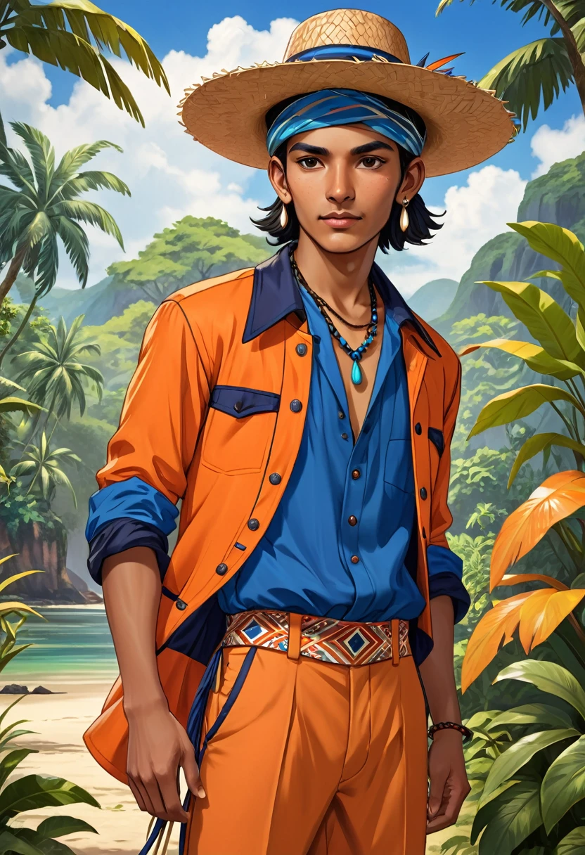 Young man, early twenties, Amerindian physical appearance, slim build, wearing 19th century clothing inspired by Amerindian design and ornament, short orange jacket with dark blue sleeves, baggy orange pants with dark blue edges, blue shirt, with a small straw hat, in a tropical area. High quality, excellent details, UHD, HRD.