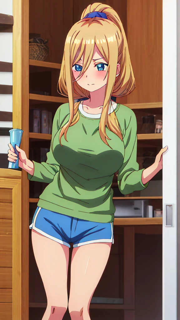 You can make a cute anime character with blonde hair and a green top and blue shorts and with big tits. 