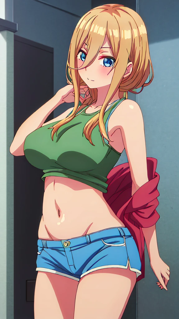 You can make a cute anime character with blonde hair and a green top and blue shorts and with big tits. 