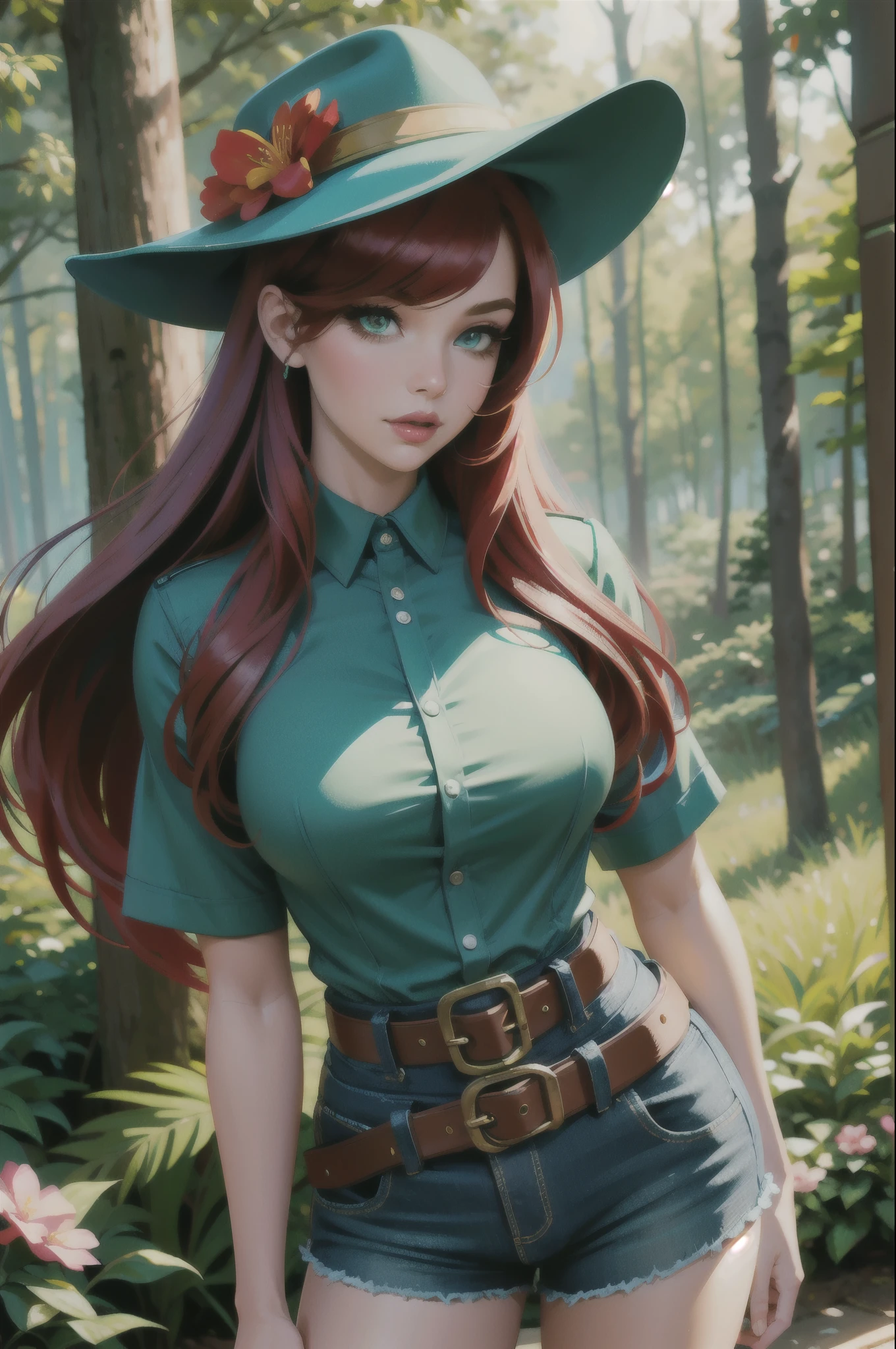 ((best quality)), ((masterpiece)), (intricate details, hyperdetailed:1.15), 35mm, bokeh, (perfect face, highest detailed face), (cowboy shot, mid-angle shot), fashion photography of jessicaranger, 1girl, (red hair:1.3), long hair, hair over one eye, green eyes, lipstick, makeup, hat, green shirt, short sleeves, shorts, belt, white gloves, ranger uniform, lips, large breasts, beautiful,, mascara, lip gloss, perfect eyes, long eyelashes, long hair, looking at viewer, 8k, shiny, glow, (bloom), beautiful girl, photoshoot, in national park, forest setting,