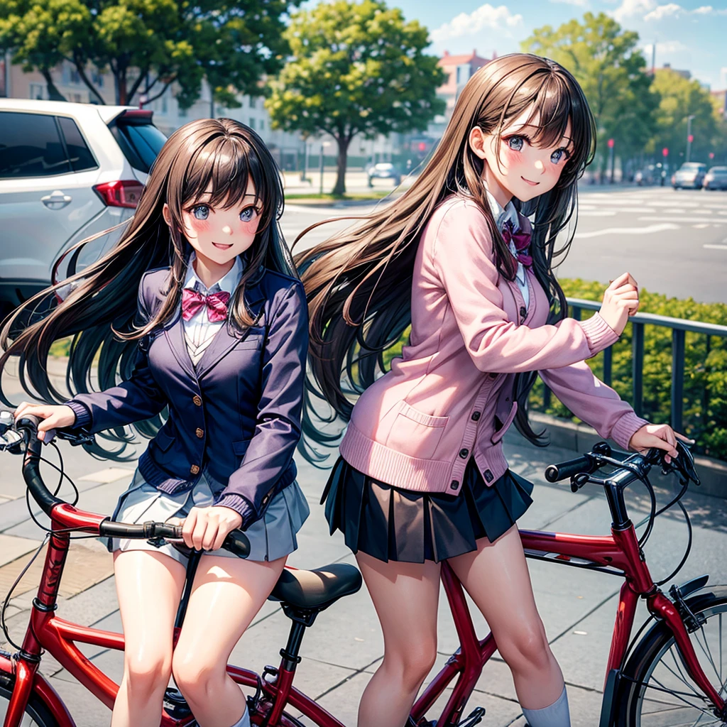 Couple on a bicycle date,Bicycle riding、beautiful girl,smile、Beautiful girls,Best Quality,uniform,cardigan,blazer,uniformにリボン,Long hair horny girl,middle School girls,8K,perfection,