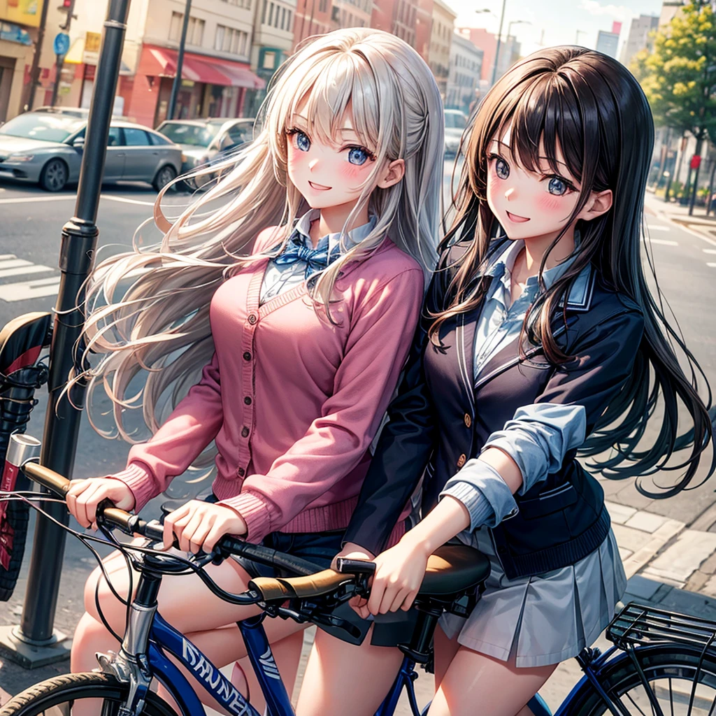 Couple on a bicycle date,Bicycle riding、beautiful girl,smile、Beautiful girls,Best Quality,uniform,cardigan,blazer,uniformにリボン,Long hair horny girl,middle School girls,8K,perfection,