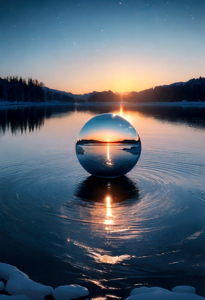 (A glass sphere depicting a soft winter sky over a frozen lake:1.2), (Silk glass sphere 1.1), Landscape Photography, Unsplash, Extremely detailed, High detail, Analog Film, Analog Lighting, nature光, 4K Photos, 8K Photo, ハイパーrealism, Impressionism, Romanticism, Conceptual Art, Surrealism, realism, Cinema Lighting, Shine, Shine光, God&#39;s Rays, Ray Tracing, reflected light, bloom, Film Grain, Optical illusion, Lens flare, Caustics, Exposure, Bokeh, 超High resolution, masterpiece, Super detailed, Attention to detail, high quality, Awards, 最high quality, High resolution, 16K, 8K, 4K, nature