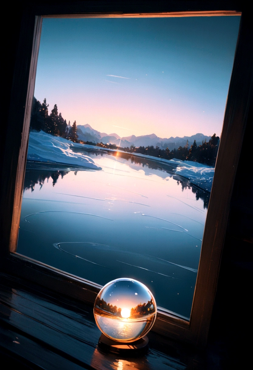 (A glass sphere depicting a soft winter sky over a frozen lake:1.2), (Silk glass sphere 1.1), Landscape Photography, Unsplash, Extremely detailed, High detail, Analog Film, Analog Lighting, nature光, 4K Photos, 8K Photo, ハイパーrealism, Impressionism, Romanticism, Conceptual Art, Surrealism, realism, Cinema Lighting, Shine, Shine光, God's Rays, Ray Tracing, reflected light, bloom, Film Grain, Optical illusion, Lens flare, Caustics, Exposure, Bokeh, 超High resolution, masterpiece, Super detailed, Attention to detail, high quality, Awards, 最high quality, High resolution, 16K, 8K, 4K, nature