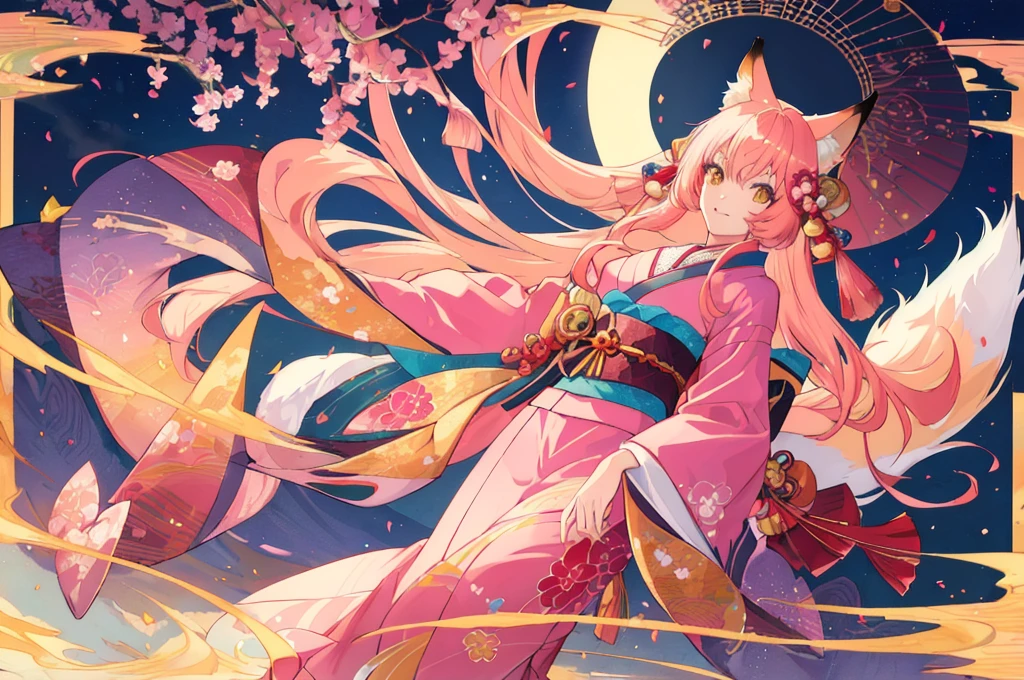 scg, 1girl, (anime:1.3), absurdly long hair, fox ears, fox tail, facepaint, makeup, yellowfox
kimono, japanese clothes, pink kimono
(best quality:1.05), (masterpiece:1.1025), (highres:1.05), (an extremely delicate and beautiful:1.05), original, extremely detailed wallpaper,1girl