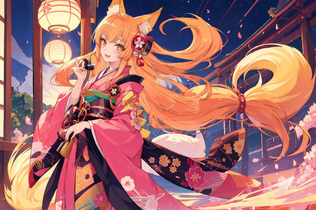 scg, 1girl, (anime:1.3), absurdly long hair, fox ears, fox tail, facepaint, makeup, yellowfox
kimono, japanese clothes, pink kimono
(best quality:1.05), (masterpiece:1.1025), (highres:1.05), (an extremely delicate and beautiful:1.05), original, extremely detailed wallpaper,1girl