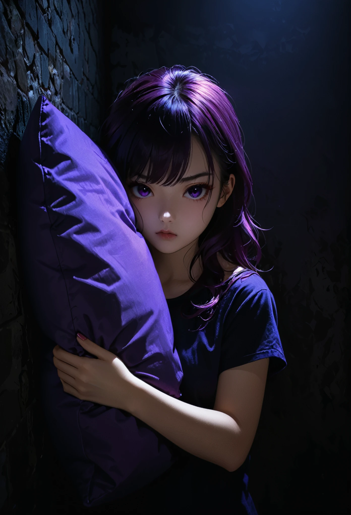 portrait，1 Girl，Holding a pillow，Pout，Dark violet color，Against the wall，reality阴影，reality，dark，night，Extreme shadows，extreme darkness，The picture is black，