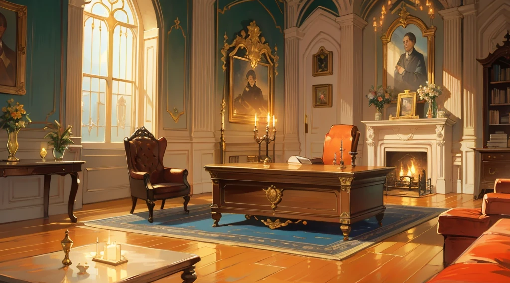 （best quality，masterpiece：1.2，detailed details，4k），Middle Ages, a gorgeous mafia boss's office,，Interior, victorian Manor with reliquies, (((Nigth))), (((moonligth enters the living room))) soft pale orange palette, soft secundary exterior ligth