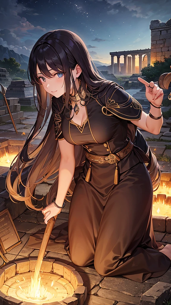 An archaeological site illuminated by moonlight, full of ancient ruins and excavation tools. DR. away, a woman with long hair and passionate eyes, looks like he is working enthusiastically.