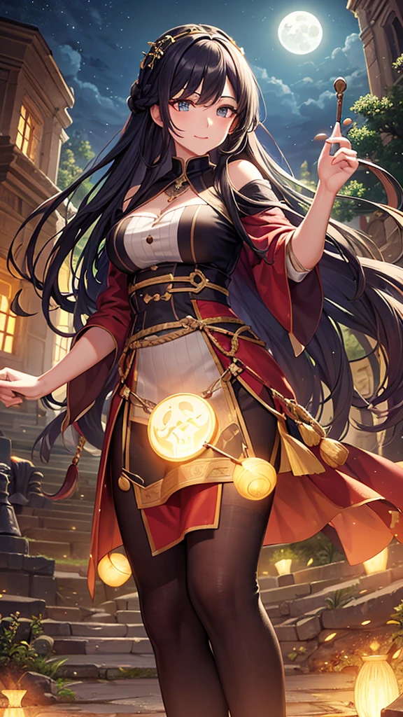 An archaeological site illuminated by moonlight, full of ancient ruins and excavation tools. DR. away, a woman with long hair and passionate eyes, looks like he is working enthusiastically.