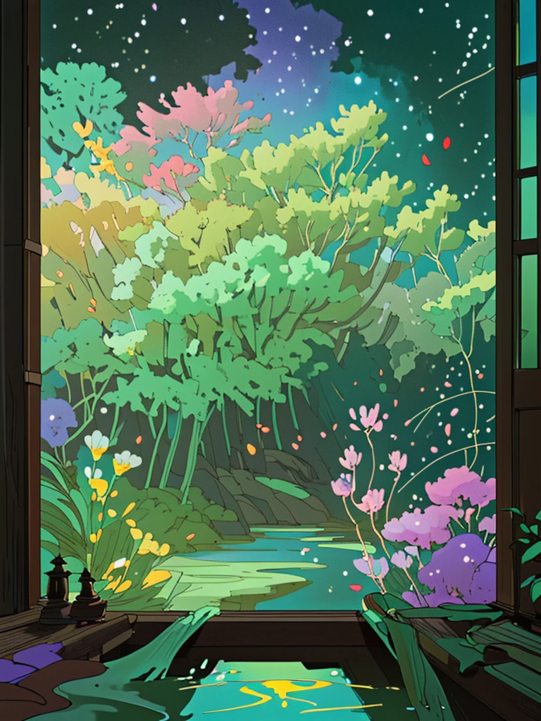 Top view,An ancient water town in the south of the Yangtze River,All the windows of the house are brightly lit,Brightly lit,Illuminate the entire picture;Like Wonderland;There is a green plum tree in the upper left corner,Flowers。Poster illustration,comics。Overall white,Fresh and elegant,Ultra-high resolution。Style consistency;Exquisite game illustration style,Colorful transparent wind chimes;The background is light green,Features scattered tiny petals,The stars sparkle,Captures the dreamy atmosphere of a fairytale world,Soft pastel shades,Light yellow-green color scheme,Reminiscent of Hayao Miyazaki's style。