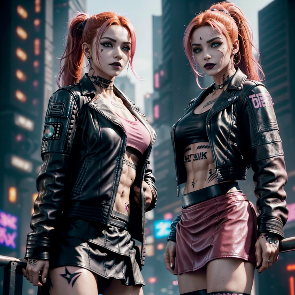 gostaria de uma imagem estilo cyberpunk em 4k de um ,medium shot of two female characters,mulheres, forte, de pele negra ,com cabelo punk estilo anos 80 na cor amarelo e cinza escuro,muito eLegante,, futurista e estiloso neon , com uma tatuagem super colorida e com neon ,Toattoo, facing a metro station on the platform , with station lights failing in a dimly lit environment, standing dressed in a dark yellow suit with a pink bow tie