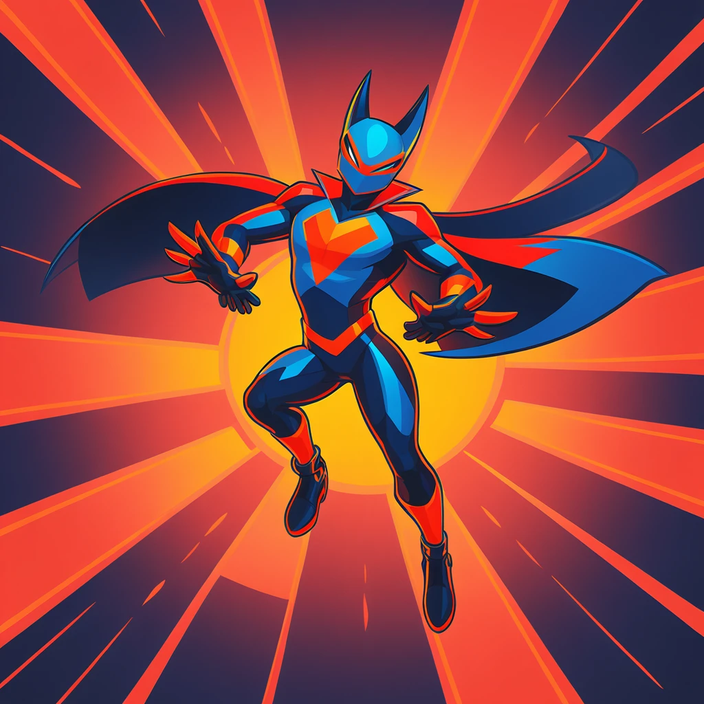 Aerial Champ with bright-yellow red-orange blue and black and red color palette with background in super villain art style