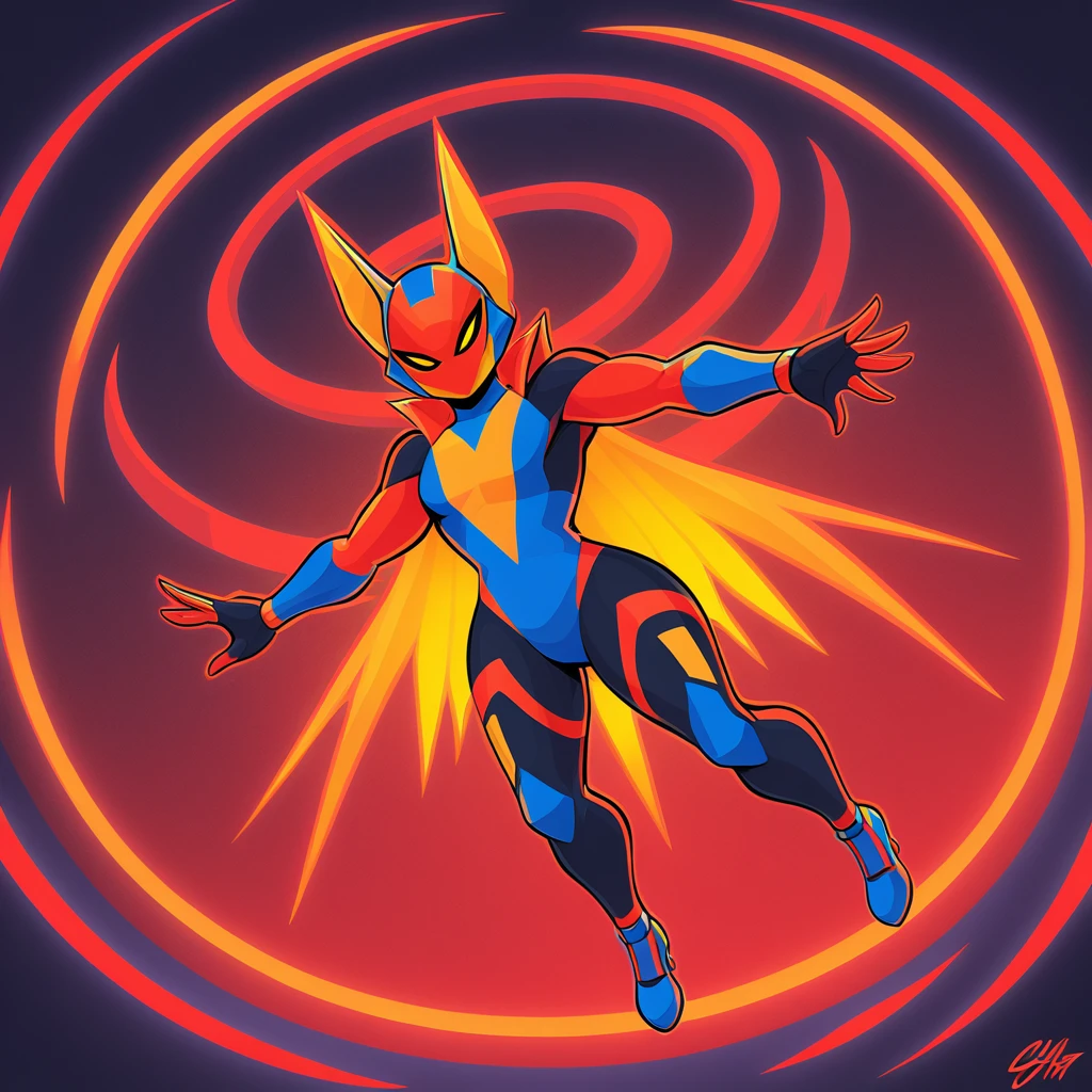 Aerial Champ with bright-yellow red-orange blue and black and red color palette with background in super villain art style