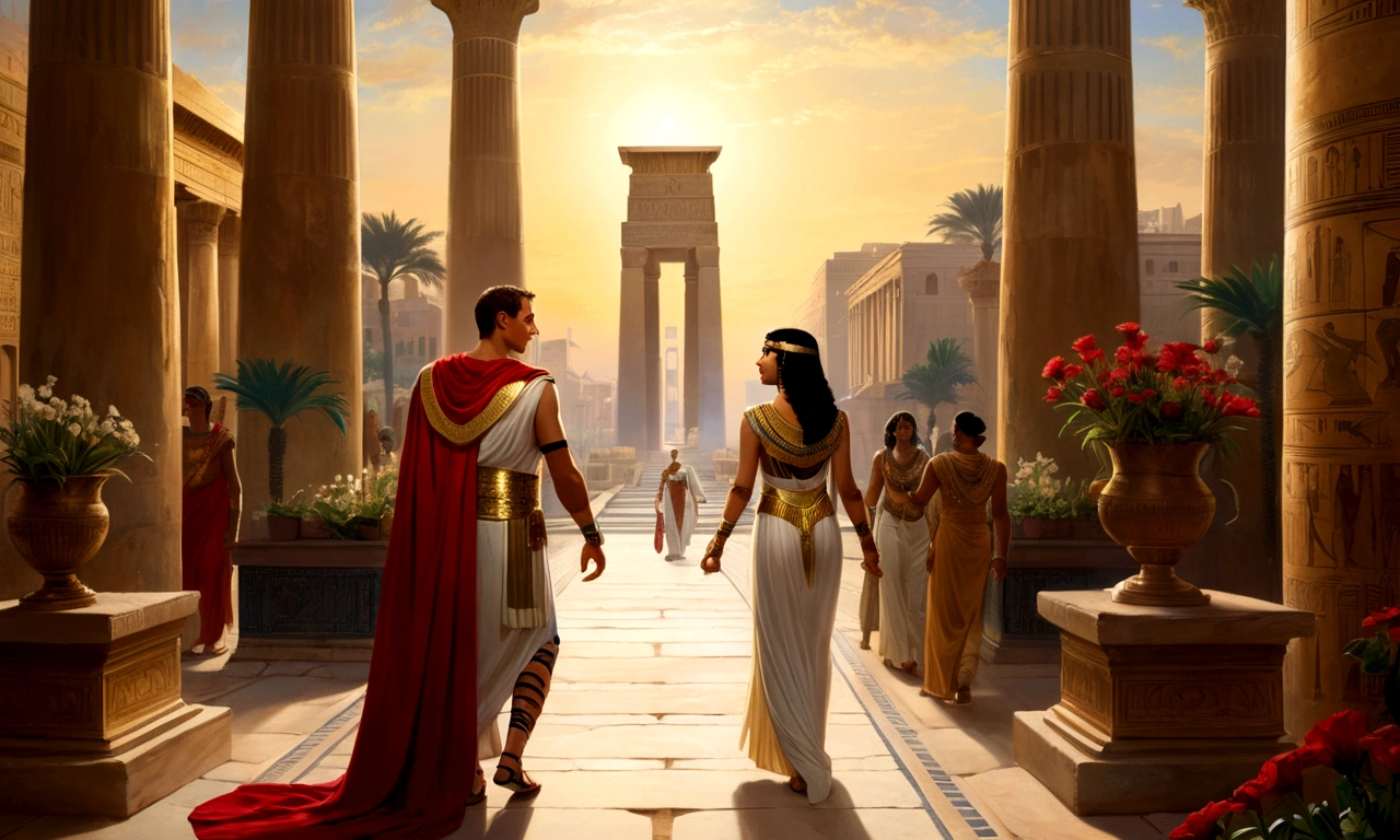 A stunning painting captures Alexandria's golden dawn. Julius Caesar and Cleopatra walk hand in hand, immersed in a backdrop of grand architecture and vibrant markets. Julius Caesar wears his Roman toga and a red cape, while Cleopatra displays an Egyptian dress adorned with gold and jewels. Their looks exchange eternal promises. The Nile reflects the soft light, while the breeze carries the scent of exotic flowers. Between majestic columns and under the starry sky, Your steps align in a rhythm that only love knows, immortalizing their romance in history through the artist's brushstrokes.