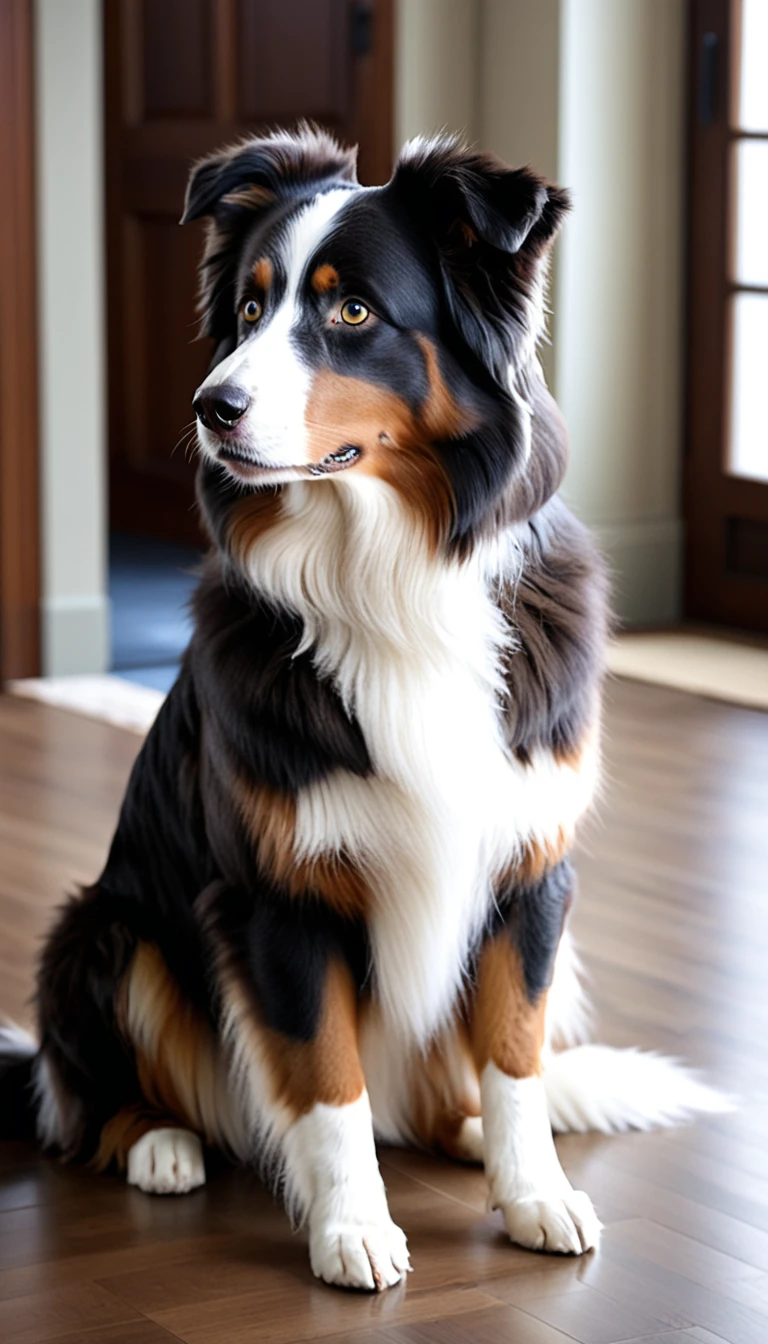 There is no one, realistic photo, photo realism, realism, Australian Shepherd (Australian Shepherd), perfect composition, intricate details, Very sharp, masterpiece, profile, high resolution, looking at the viewer, Full body photo in a comfortable atmosphere indoors