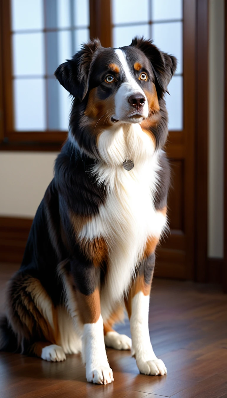 There is no one, realistic photo, photo realism, realism, Australian Shepherd (Australian Shepherd), perfect composition, intricate details, Very sharp, masterpiece, profile, high resolution, looking at the viewer, Full body photo in a comfortable atmosphere indoors