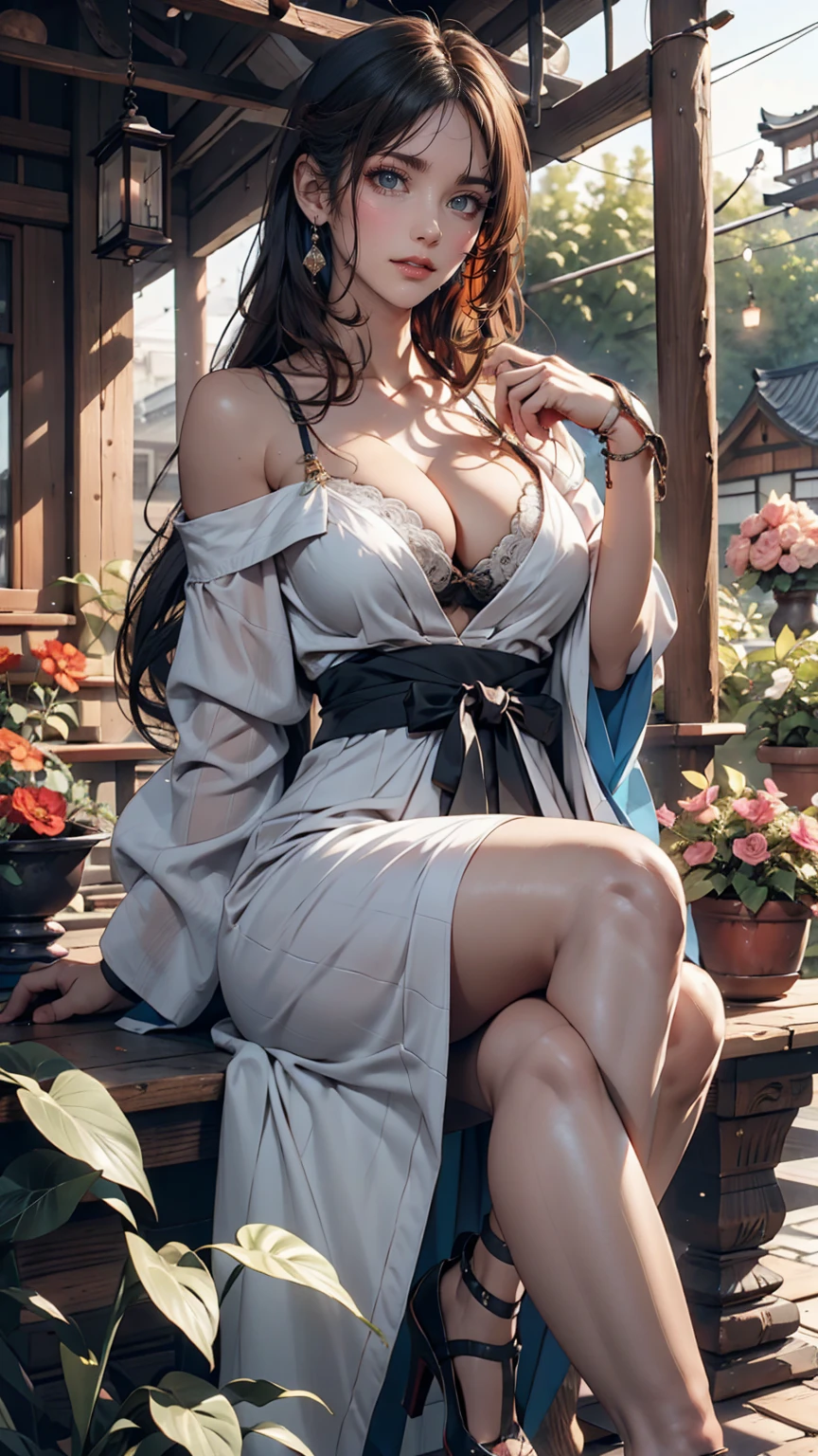 (Photorealism), (Highest quality, masterpiece, Full of details), Traditional Japanese wooden house、A 24-year-old woman sits on the veranda、Off-the-shoulder dress、Cleavage Emphasis、Sexy proportions、Sexy、Narrow waist and accessories on the wrists、Wear high heels、There is a well in the garden、There is a hand pump、Cowboy Shot