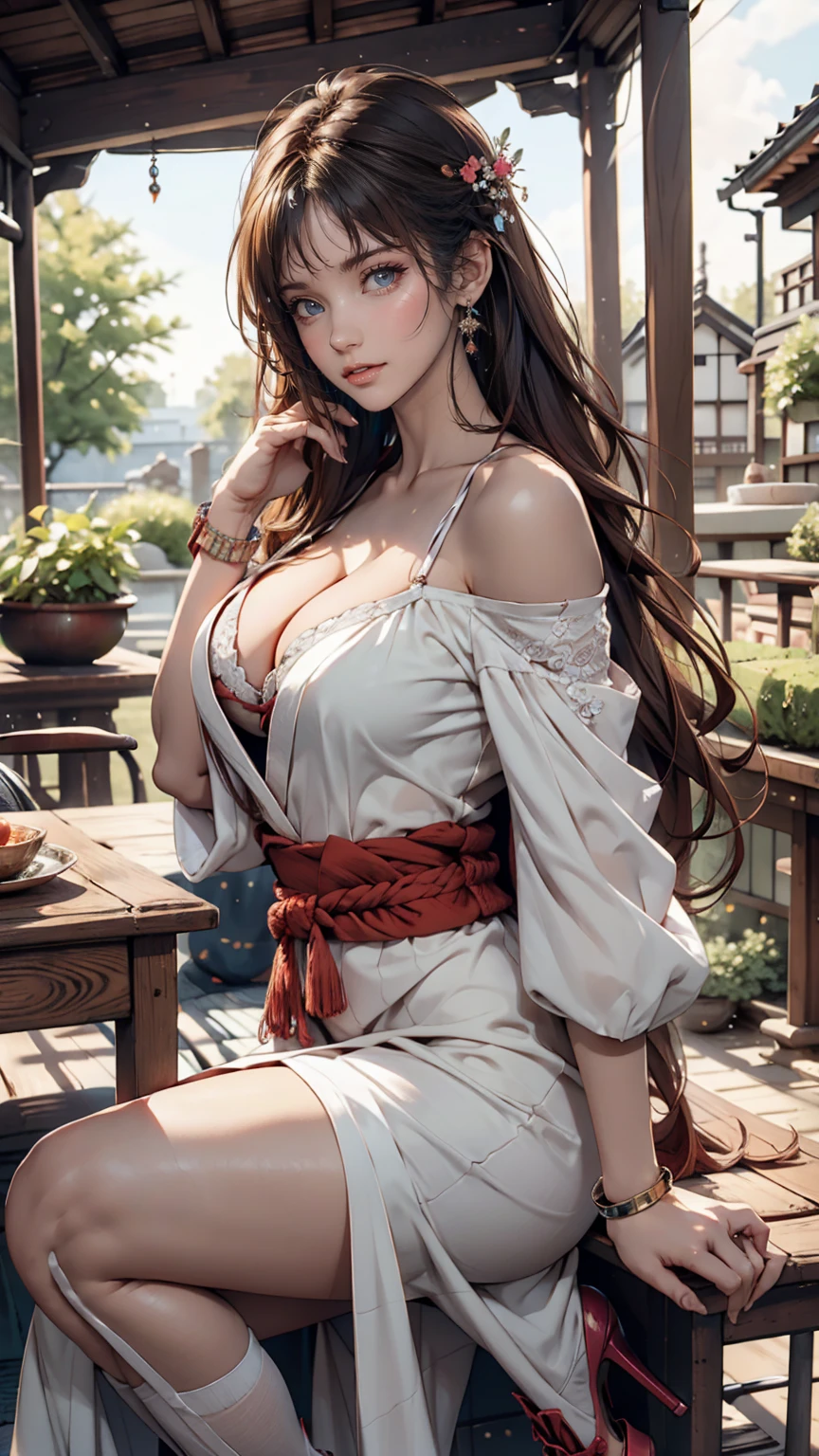 (Photorealism), (Highest quality, masterpiece, Full of details), Traditional Japanese wooden house、A 24-year-old woman sits on the veranda、Off-the-shoulder dress、Cleavage Emphasis、Sexy proportions、Sexy、Narrow waist and accessories on the wrists、Wear high heels、There is a well in the garden、There is a hand pump、Cowboy Shot