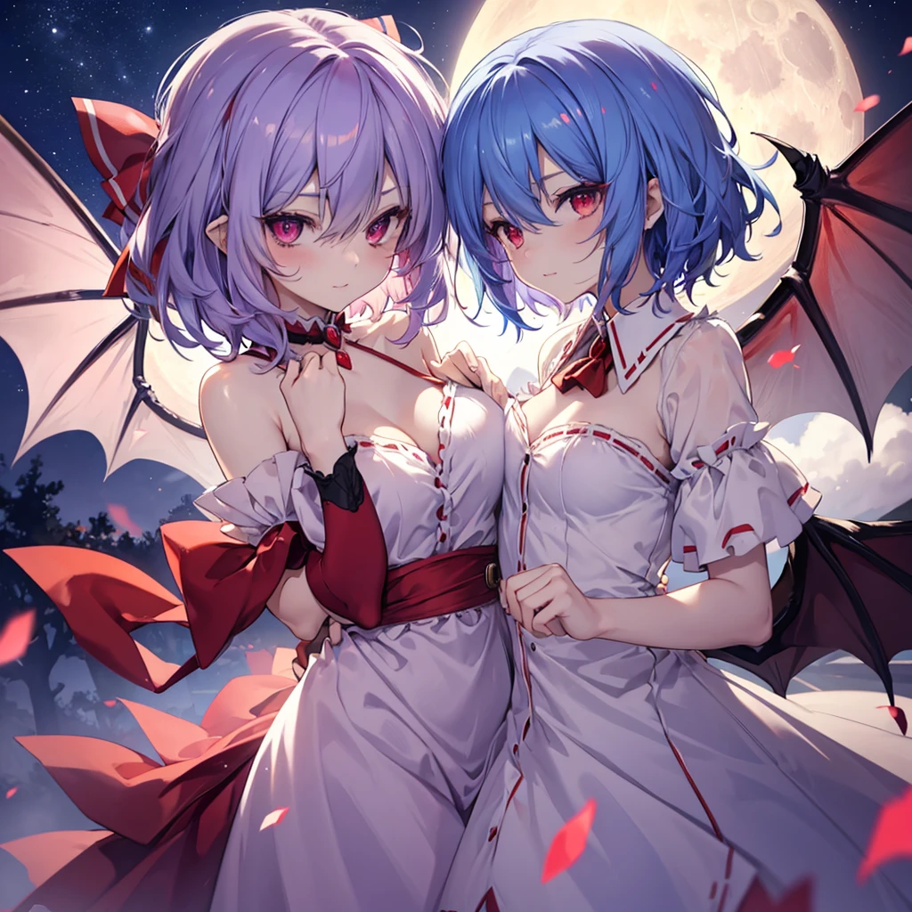 (((Remilia Scarlet))) (((Blue Hair Short Hair Red eyes Close-up))),((night full moon My own big wings)),(Purple light), A tense look Shining Background Shining Edge smile
