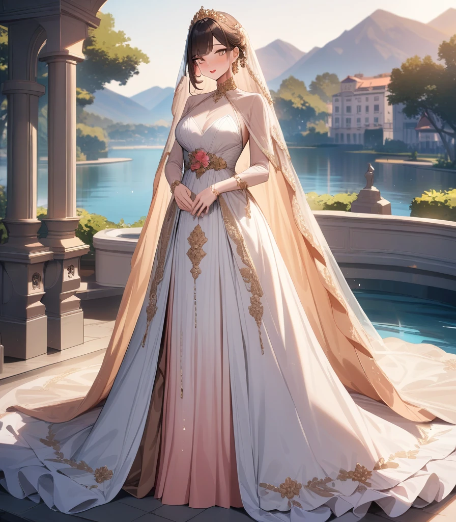 Girl, masterpiece, highest quality, highest resolution, highly detailed, modern long dress, luxurious peach decorated fabric, brown eyes, veil, beautiful scenic background, real, peach cheeks, reddish lips 