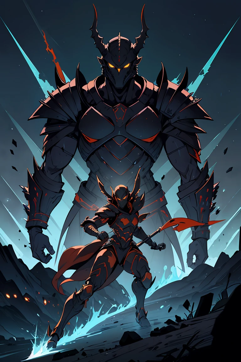 Original Kaiju armor form of a human, sharp, obsidian-like plates that overlap like armor, Elongated and somewhat reptilian head, with a pronounced crest of jagged obsidian spikes running from the forehead to the back of the neck. Four glowing, amber eyes are set deep in the skulls, arms with massive claws and blades, feet have three large, taloned toes, A long, whip-like tail ending in a mace-like cluster of obsidian spike, orange lines and aura in between armor. HD