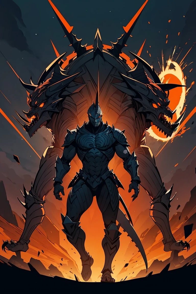 Original Kaiju armor form of a human, sharp, obsidian-like plates that overlap like armor, Elongated and somewhat reptilian head, with a pronounced crest of jagged obsidian spikes running from the forehead to the back of the neck. Four glowing, amber eyes are set deep in the skulls, arms with massive claws and blades, feet have three large, taloned toes, A long, whip-like tail ending in a mace-like cluster of obsidian spike, orange lines and aura in between armor. HD