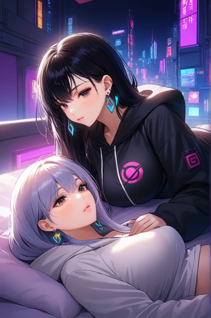 Arapei girl lying on bed with colorful background。Cyberpunk anime girl cosplay Guwiz style artwork，Artist Lu Dongjun，Created by Yang J，Ross Trunk 8K，Guvitz at the Pisif Art Station。Sakimican Frank Franzeta assists in creative conception。Anime girls wear hooded shirts。,bug breasts, earrings 