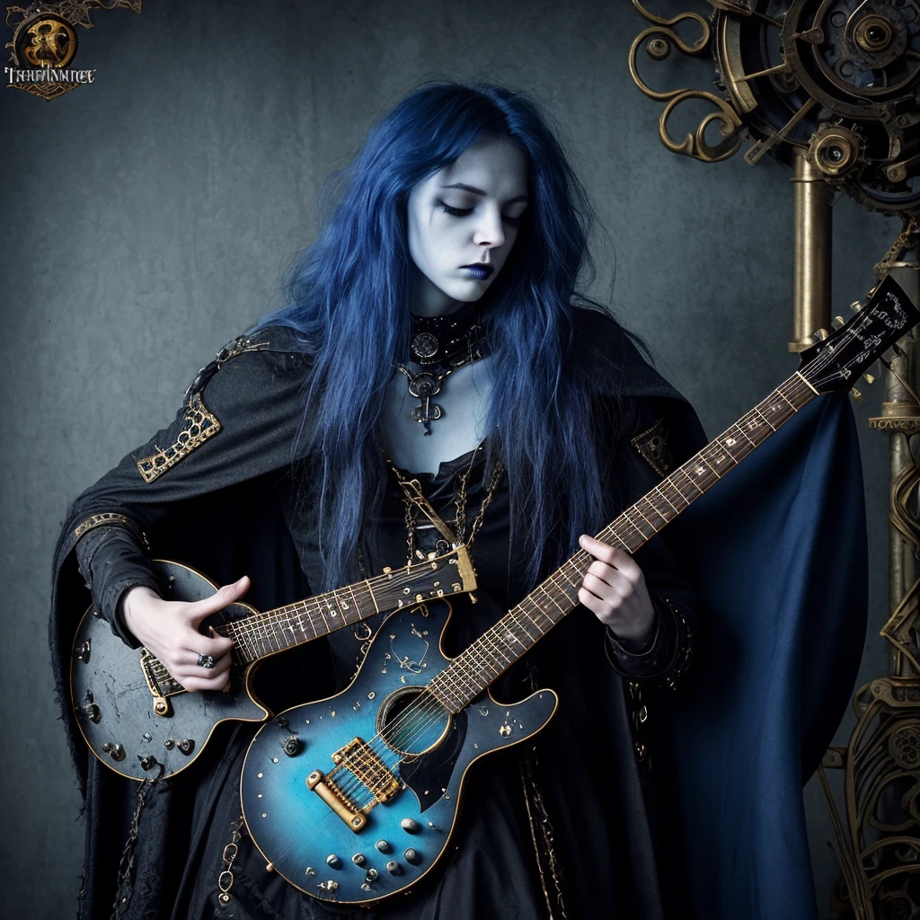 Dark fantasy style,I think the background is mainly blue in Gothic style.,A 22-year-old rock youth with long flowing hair who loves playing guitar,death metal,Wearing a fluffy cape,Close-up of face from upward angle,Close your eyes and indulge in the expression,Show temperament and charm,Steampunk style high-tech equipment,Brass Machinery,There's smoke behind,occultism,Photography top lighting,The smoke creates a hazy layered feeling,Contemporary oil painting effect,Freehand large brushstrokes,Highly artistic expression。