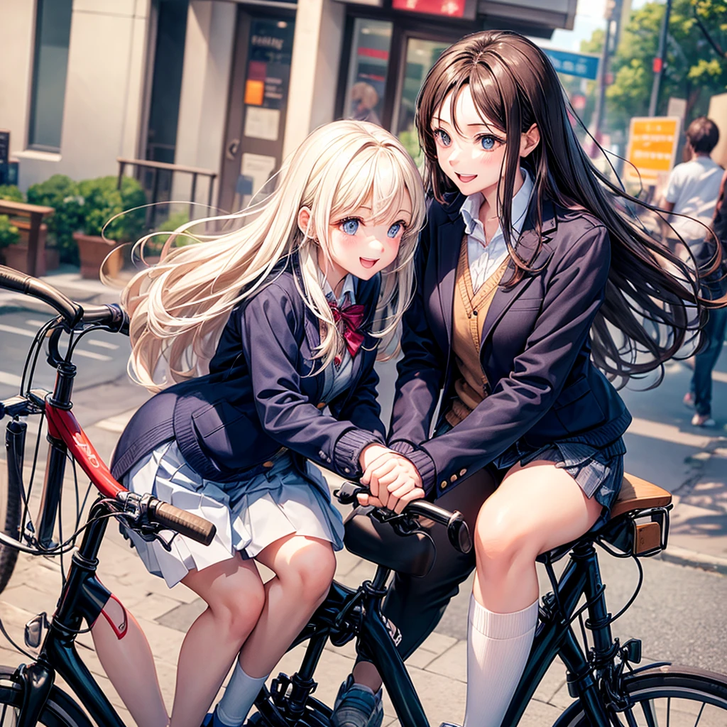 Couple on a bicycle date,A man and a woman riding on one bicycle、beautiful girl,smile、Beautiful girls,Best Quality,uniform,cardigan,blazer,uniformにリボン,Long hair horny girl,middle School girls,8K,perfection,