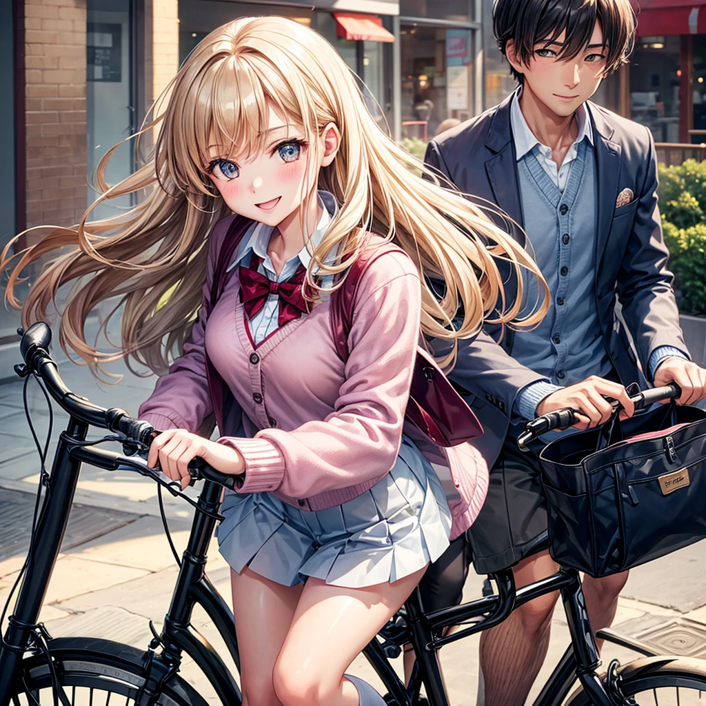 Couple on a bicycle date,A man and a woman riding on one bicycle、beautiful girl,smile、Beautiful girls,Best Quality,uniform,cardigan,blazer,uniformにリボン,Long hair horny girl,middle School girls,8K,perfection,