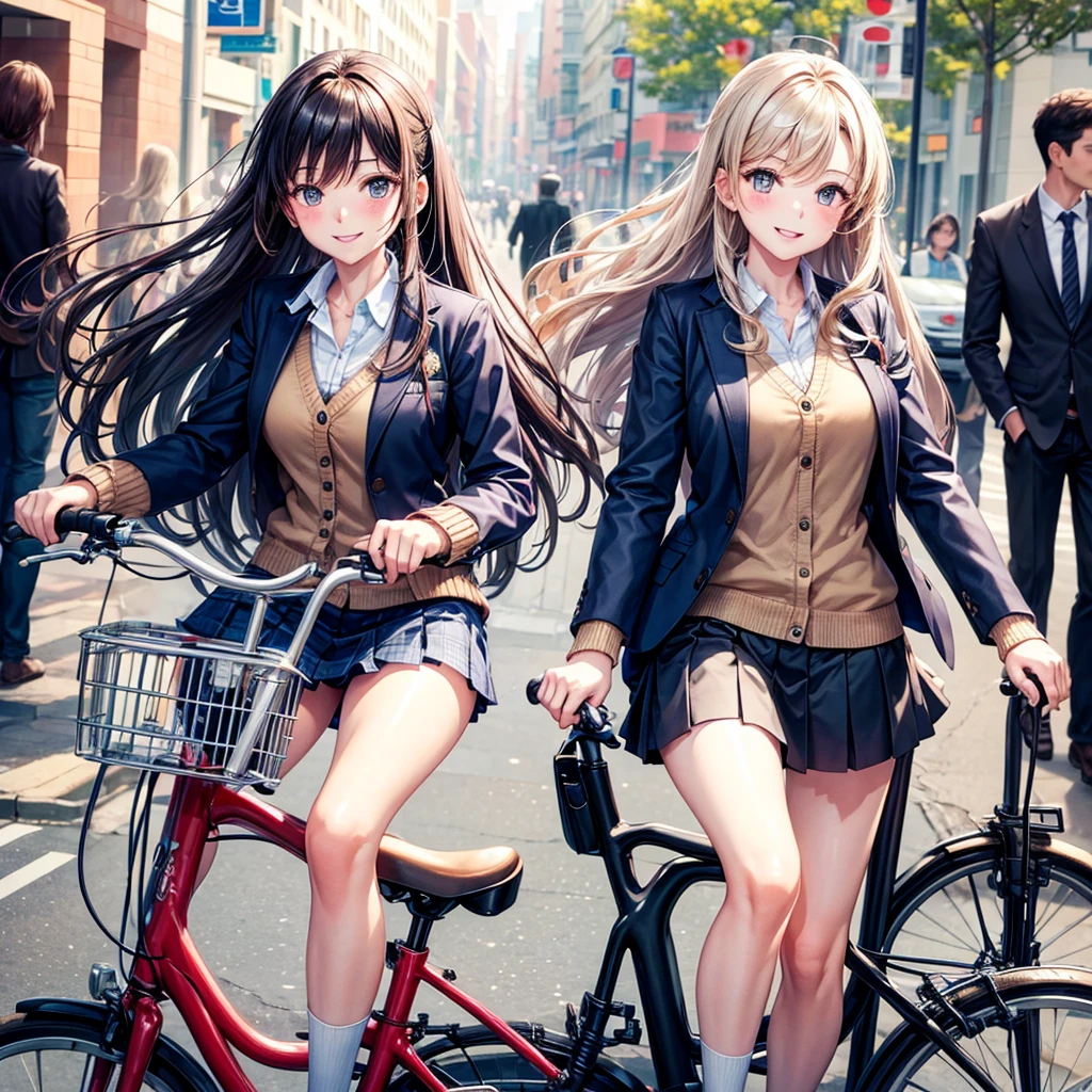Couple on a bicycle date,A man and a woman riding on one bicycle、beautiful girl,smile、Beautiful girls,Best Quality,uniform,cardigan,blazer,uniformにリボン,Long hair horny girl,middle School girls,8K,perfection,