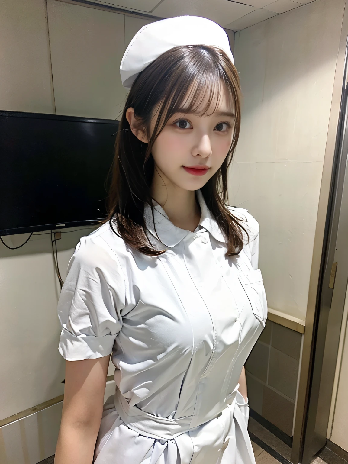 nurse uniform,nurse cap,1 girl,(Wearing white nurse clothes:1.2),(RAW Photos, highest quality), (Realistic, photo-Realistic:1.4), masterpiece, Very delicate and beautiful, Very detailed, 2k wallpaper, wonderful, finely, Very detailed CG unity 8k wallpaper, Very detailed, High resolution, Soft Light, Beautiful detailed girl, Very detailed eyes and face, Beautiful and detailed nose, finely beautiful eyes, Perfect Anatomy, Black Hair, nurse uniform, ((nurse cap)), Long skirt, nurse, White costume, thin, hospital, clear, White Uniform, hospital room, Neck auscultation,