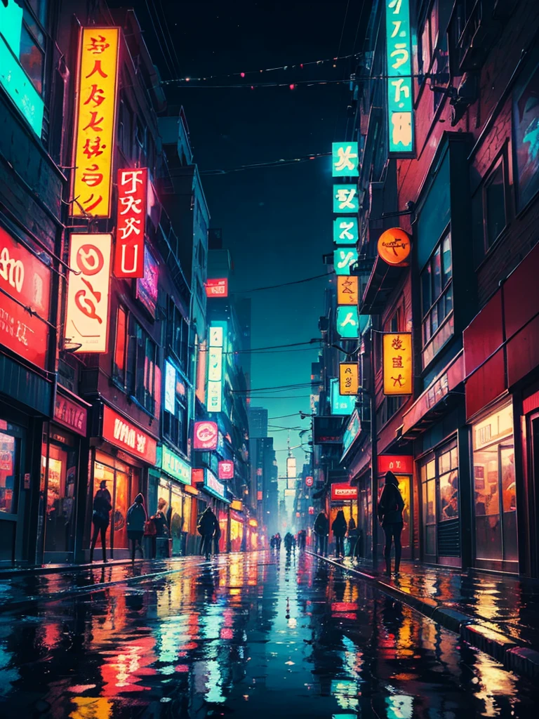 A painting of a city street with reflections of buildings, City Reflections, kilian eng bright colors, Neon reflections in the puddles, kilian eng bright colors, surreal reflection, Reflection on wet street, Layers of colorful reflections, City Reflection, Colorful city, Gloss reflection, author:Dan Christensen, Neon reflections, wet reflections